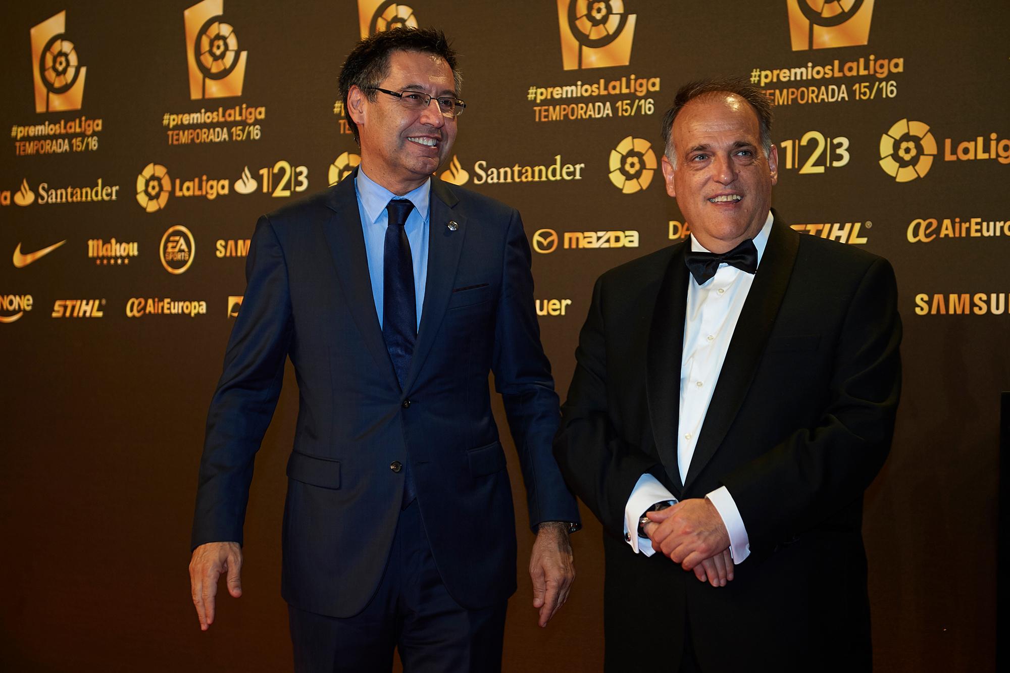 Javier Tebas met de ex-voorzitter van Barcelona Josep Bartomeu.