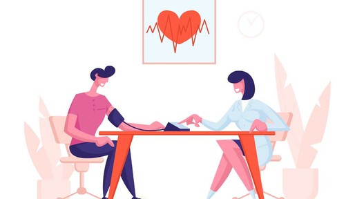 Illustratie van patient met hoge bloeddruk bij de dokter