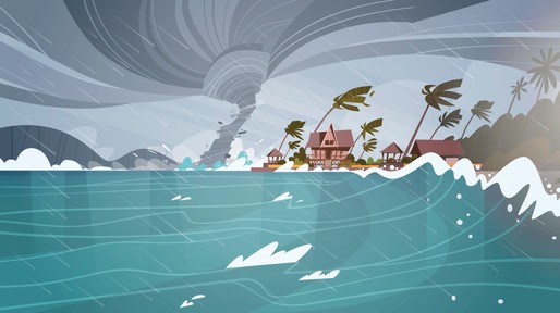Tornado Incoming From Sea Hurricane In Ocean Huge Waves On Houses On Coast Tropical Natural Disaster Concept