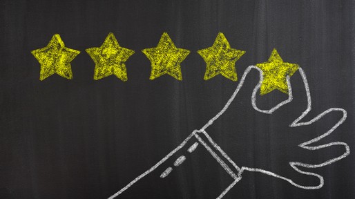Businessman hand giving five star rating, Feedback concept