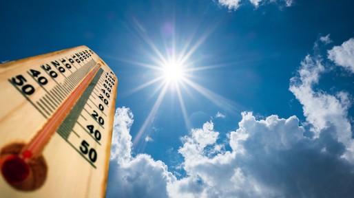Thermometer Sun high Degres. Hot summer day. High Summer temperatures