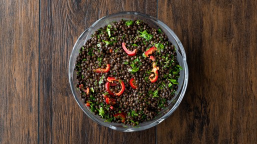 Black Lentil Salad with Red Peppers and Parsley.